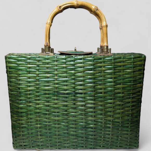 Vintage Green Wicker Rattan Satchel Briefcase Purse Bamboo Handle  14"X10" MCM - Picture 1 of 16
